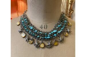 vintage style turquoise beaded choker, silver chain necklace, novelty, starfish